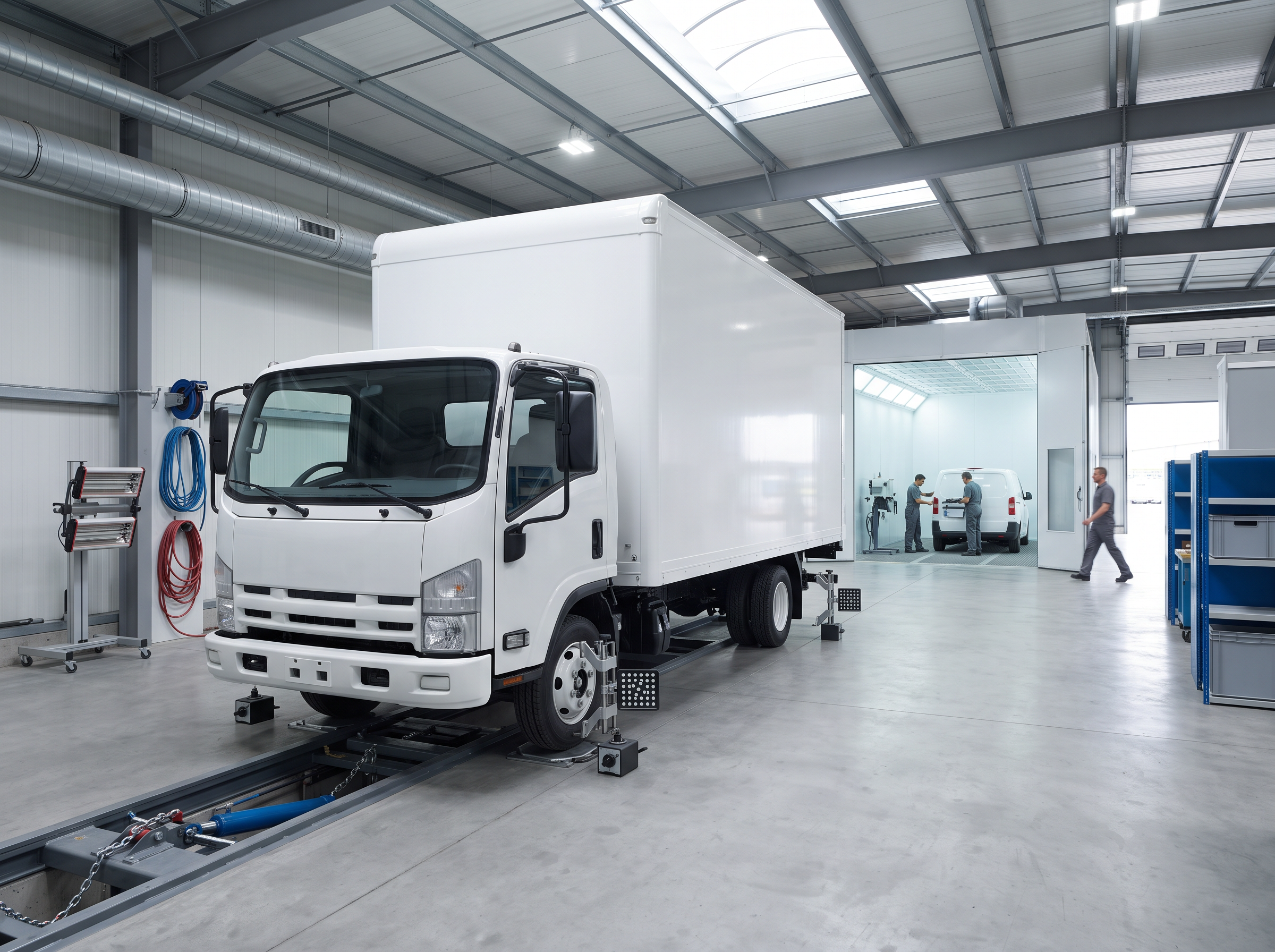 Large plain straight truck on a heavy-duty alignment lift inside a spacious bright commercial vehicle body shop with a paint booth in the background.
