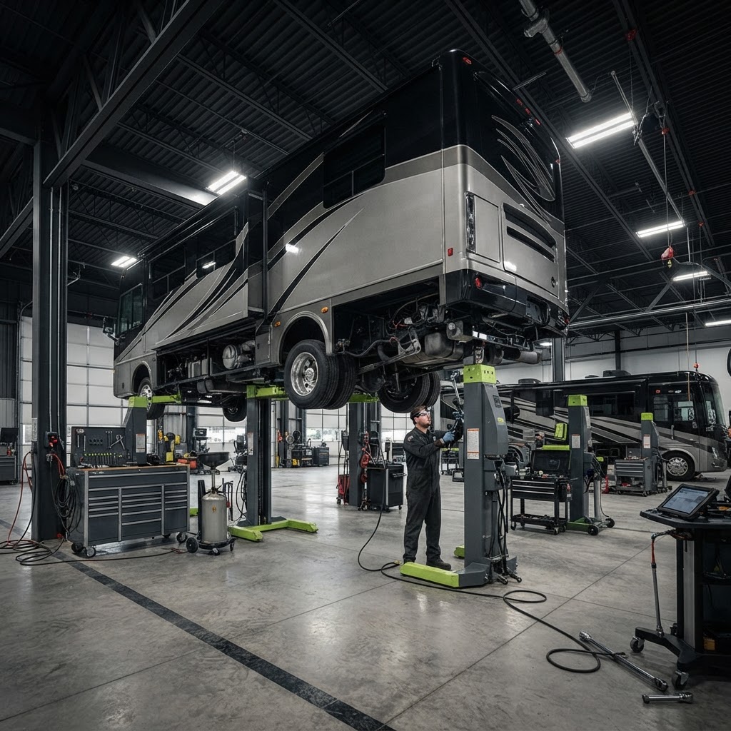 Commercial RV repair shop with motorhome on high-capacity lifting equipment and professional service tools.
