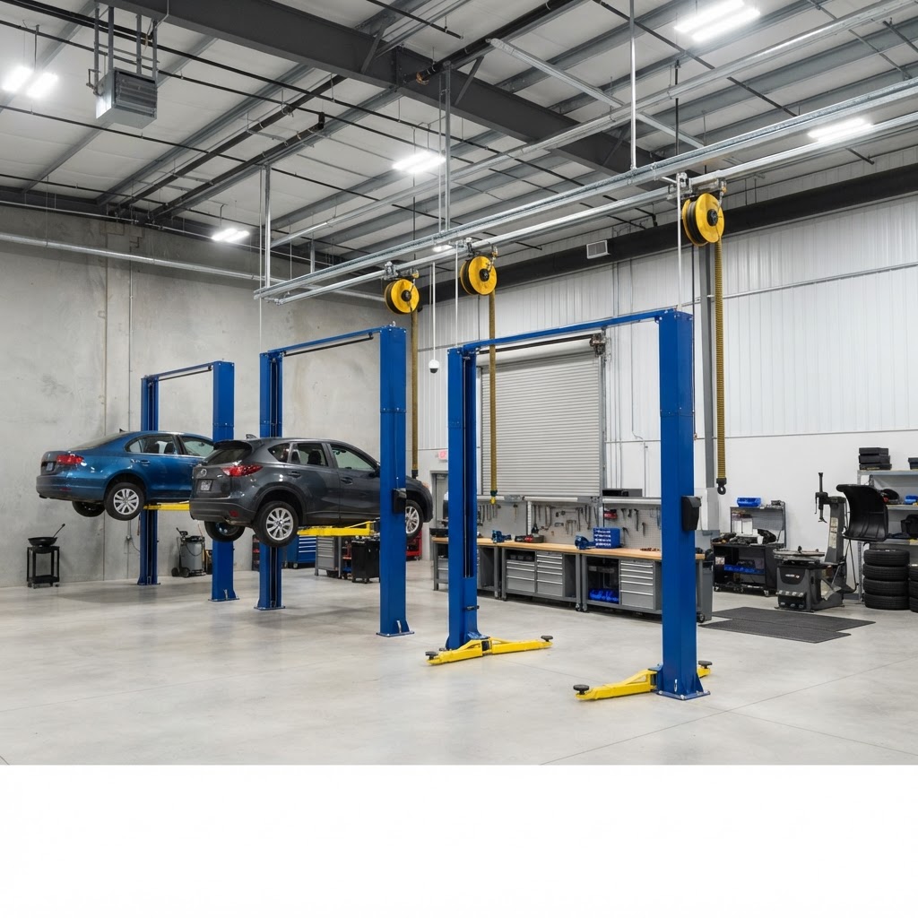 Multi-bay automotive repair shop with several two-post vehicle lifts, tire service equipment and central compressed-air lines.