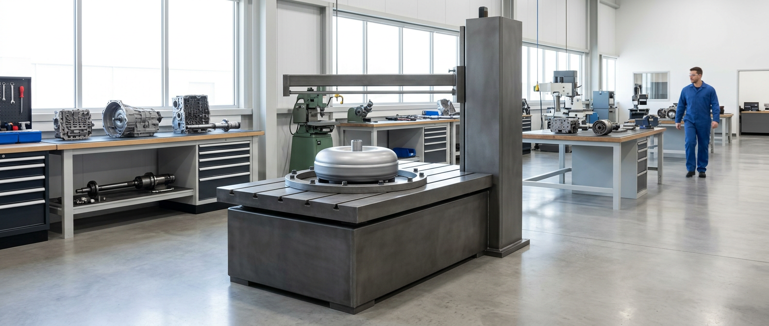 Torque converter welding machine at rest, a sealed silver converter sitting level in a round steel fixture ring bolted to the heavy machine table, the support arm parked at the side.