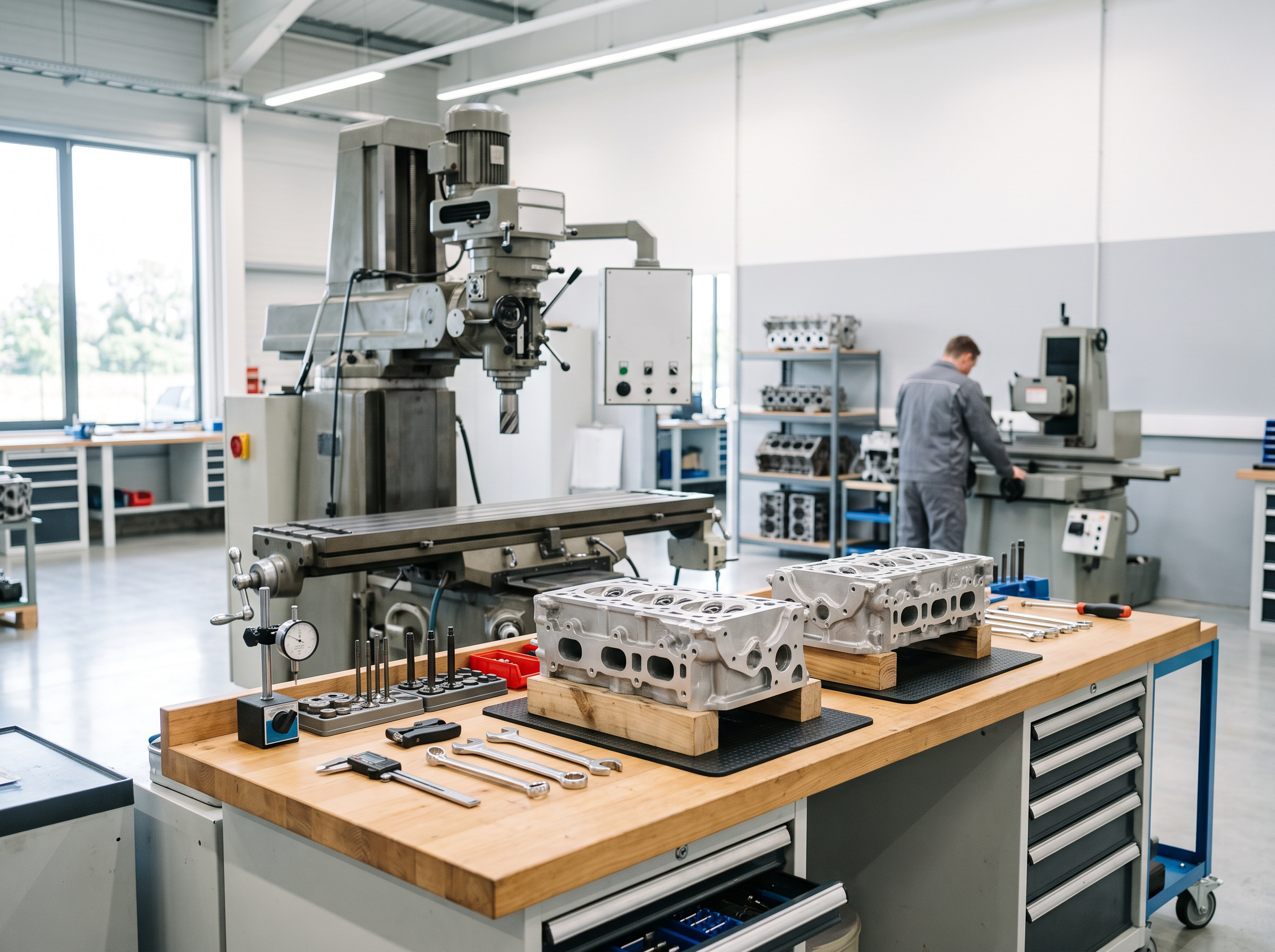 Two cylinder heads resting on a clean workbench with measuring tools in a bright cylinder-head machine shop.