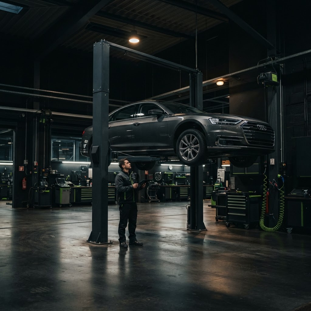 Professional automotive service facility with a sedan raised on a two-post vehicle lift, technician working beside it, additional service bays in the background.