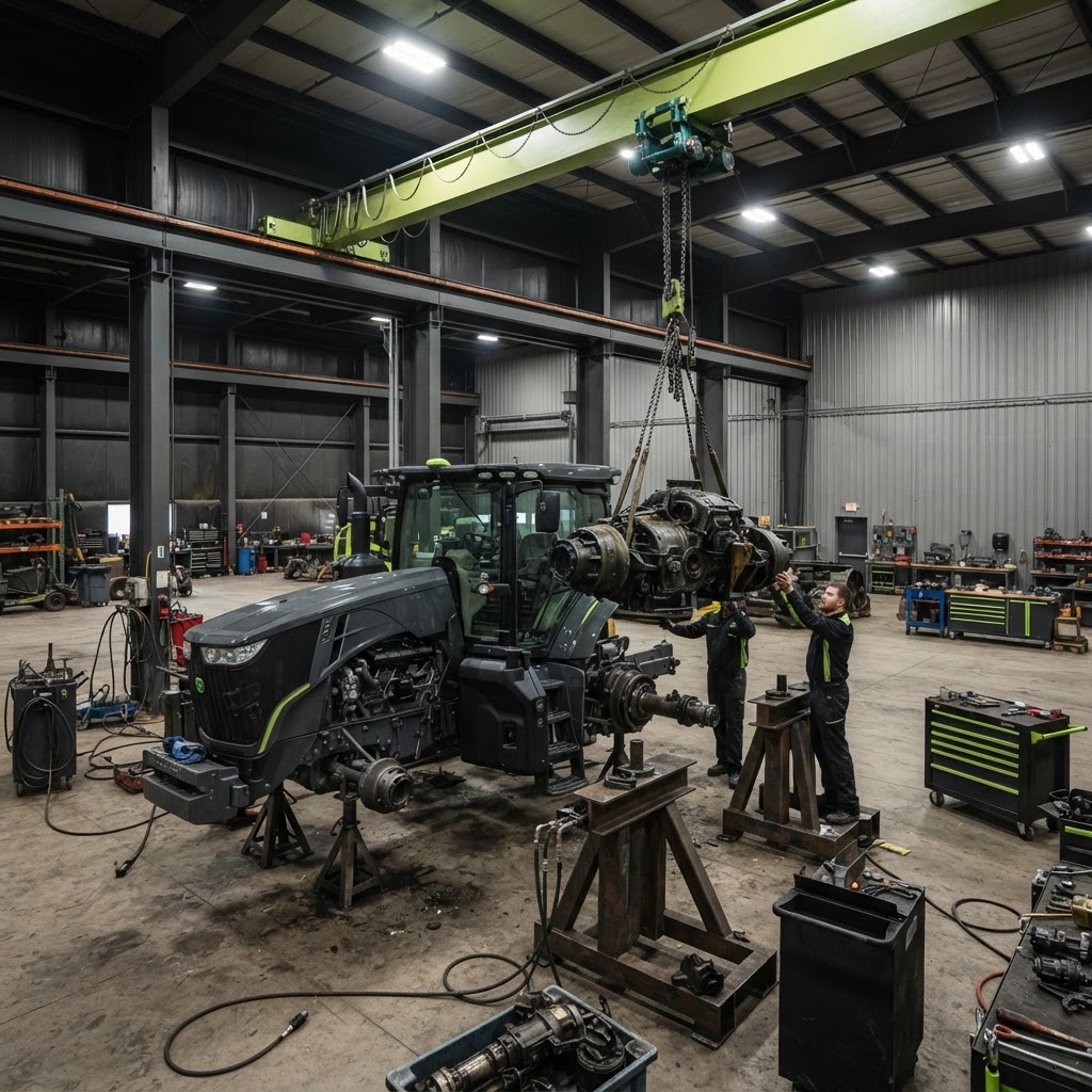 Agricultural machinery repair facility servicing farm equipment with heavy shop equipment.