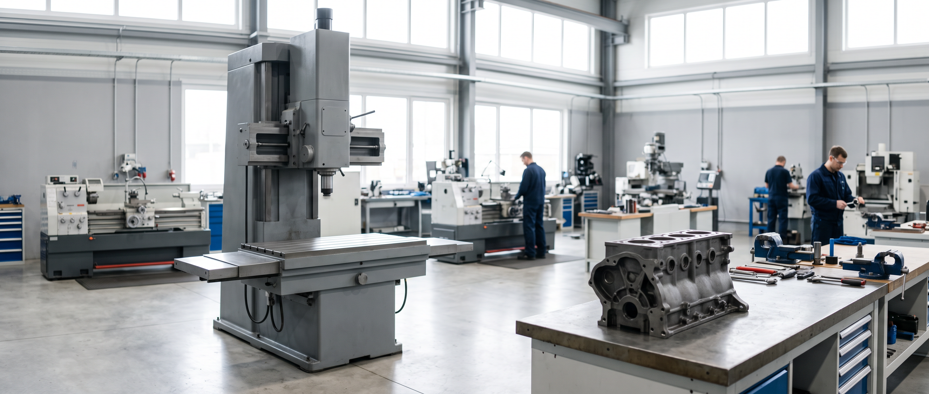 Cylinder Block Machining Equipment Guide Canada Professional cylinder boring machine standing empty at rest in a bright machine shop with an engine block staged on a separate workbench.