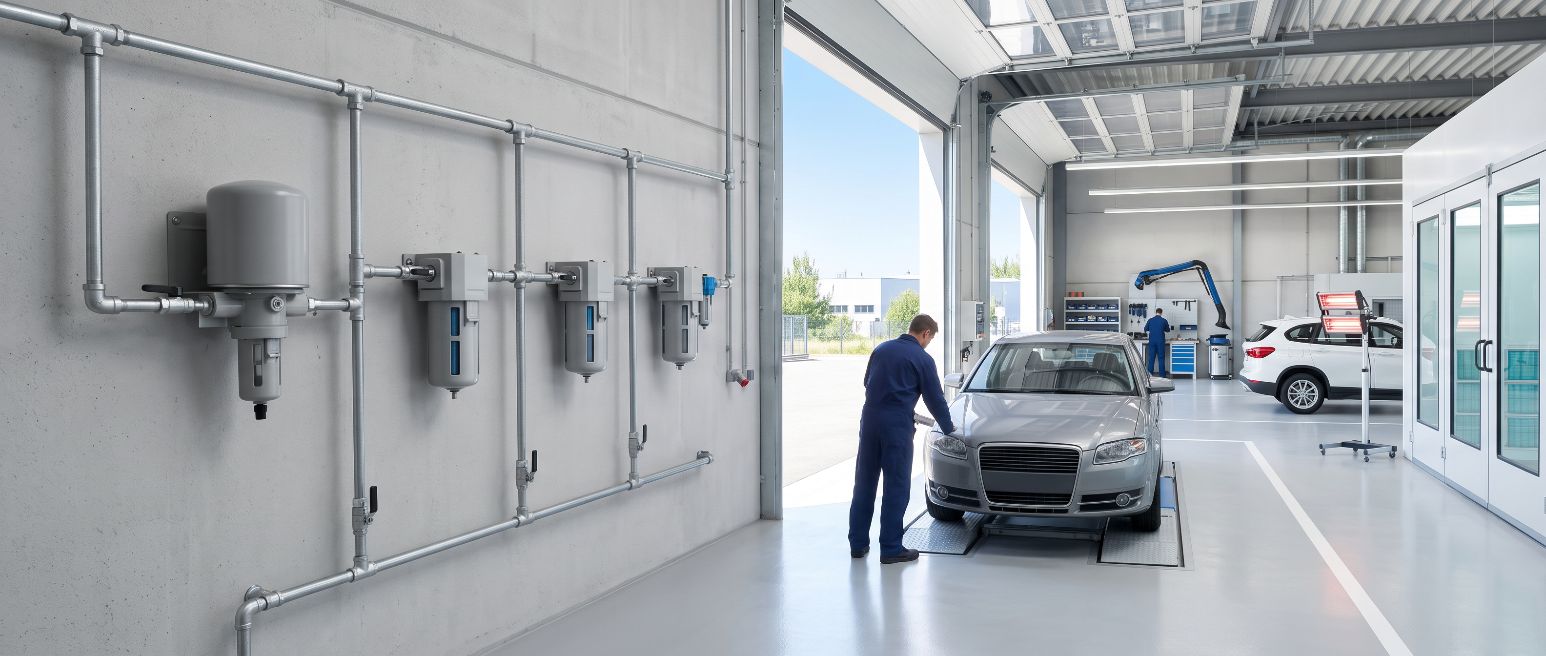 Clean compressed-air system with a dryer, filtration units and organized air lines along a bright professional body shop wall.