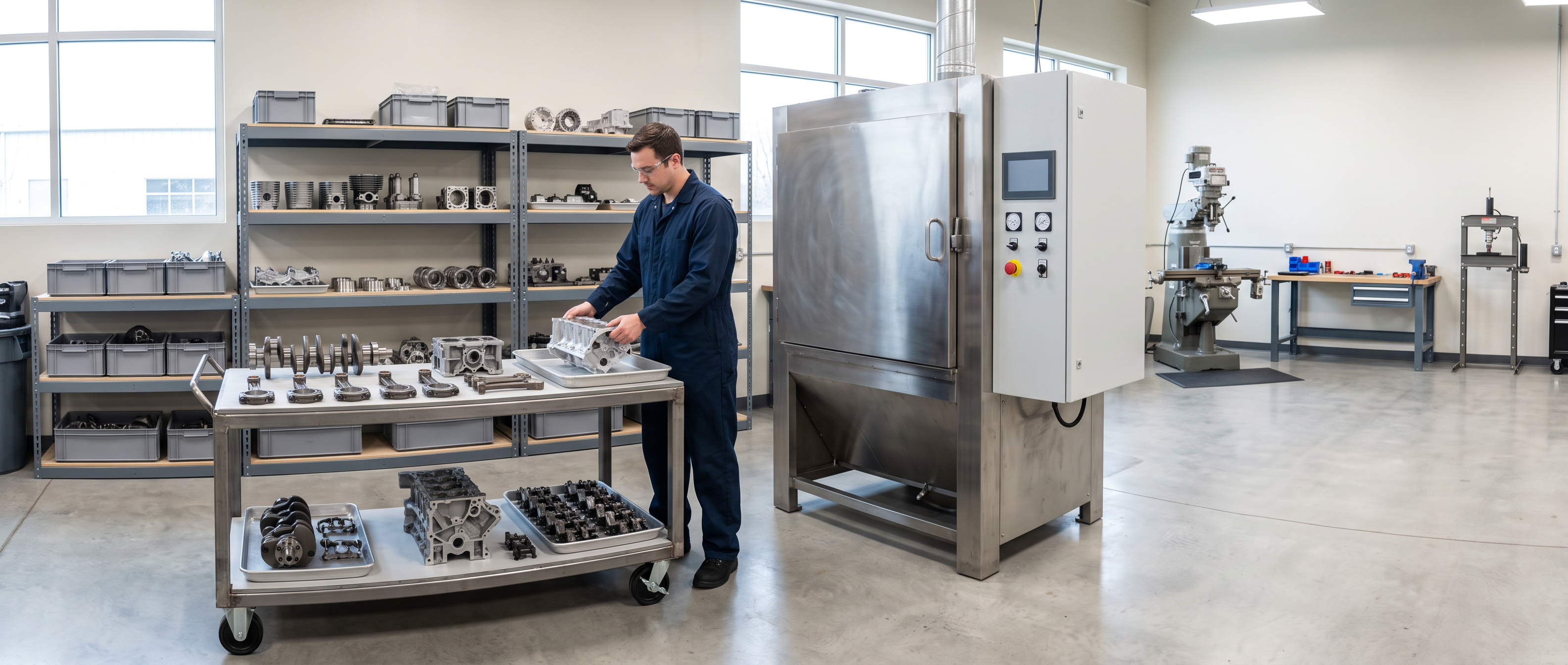 Commercial engine parts cleaning area in a bright shop with an industrial cleaning cabinet and a cart of organized engine components.