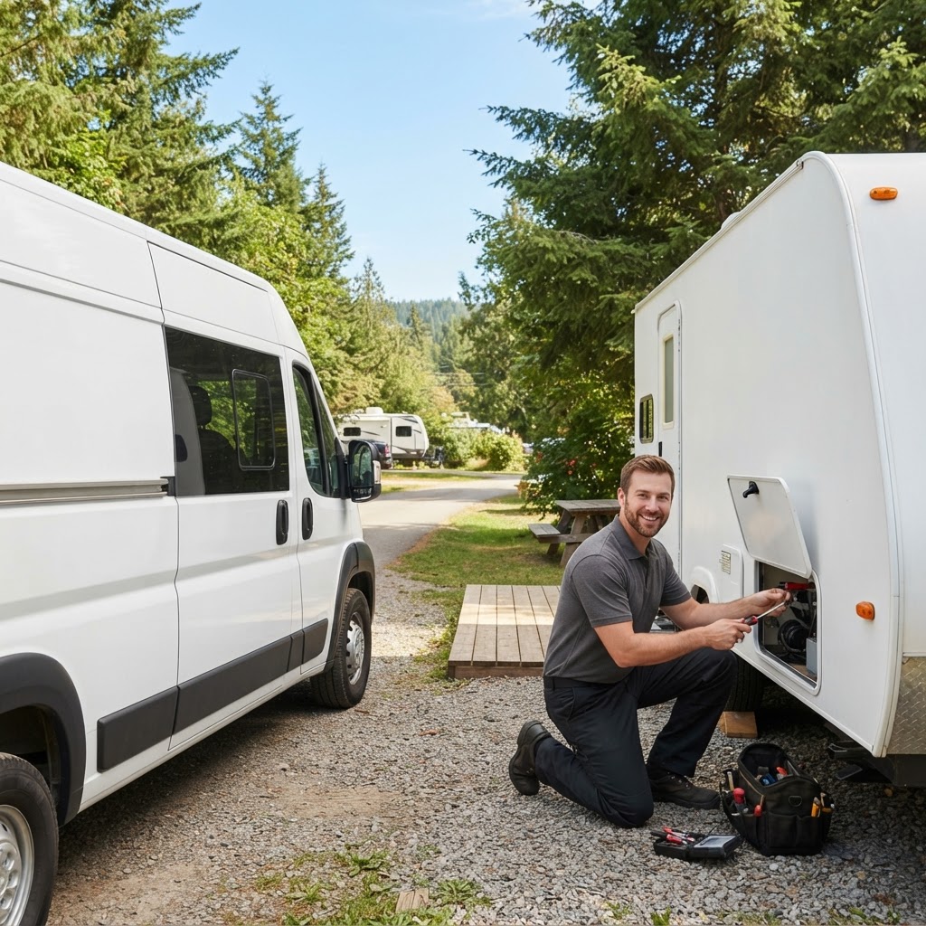 Mobile RV technician with an organized service van performing a sunny campground service call.