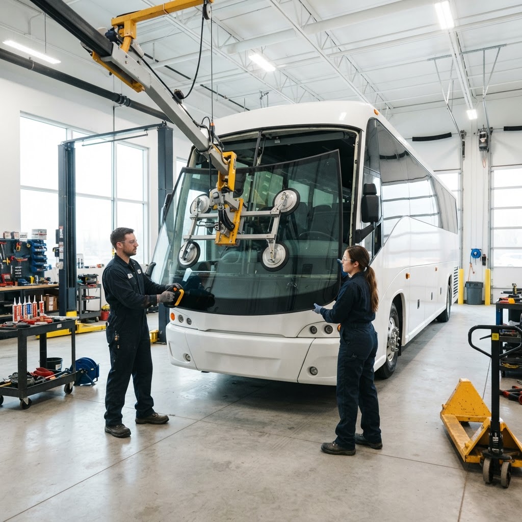 Two technicians safely handling a large curved bus windshield with a powered vacuum glass manipulator lifting system in a bright commercial service bay.