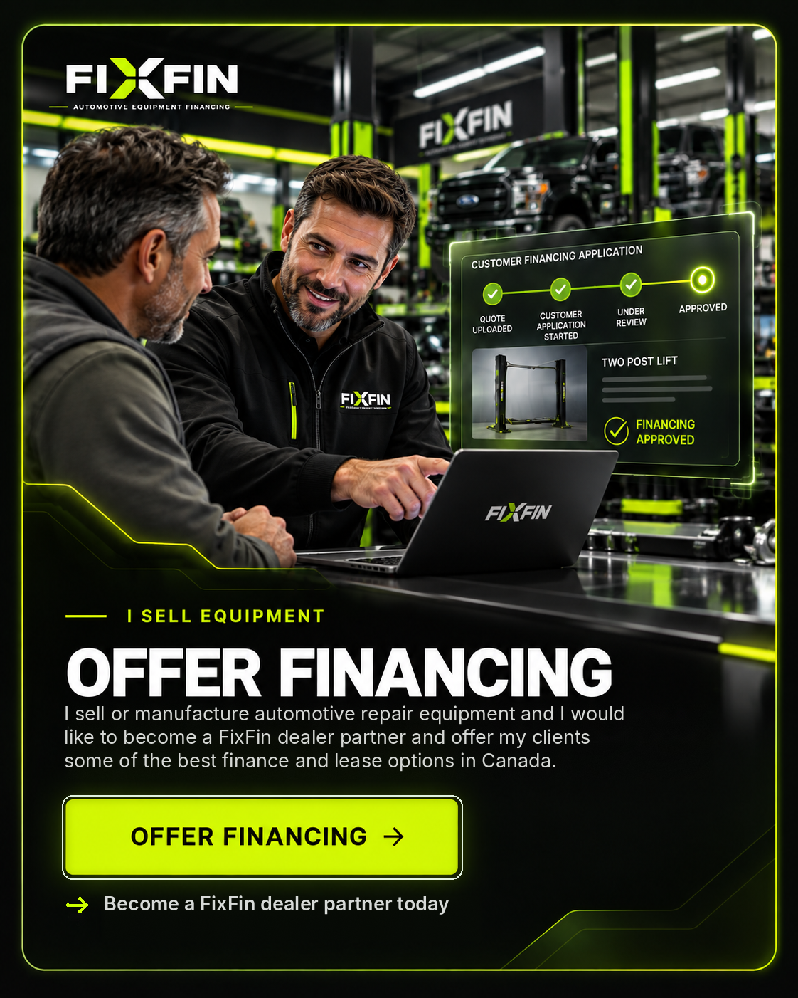 FixFin Offer Financing choice, illustrating a financing representative assisting a customer in a modern automotive equipment facility.