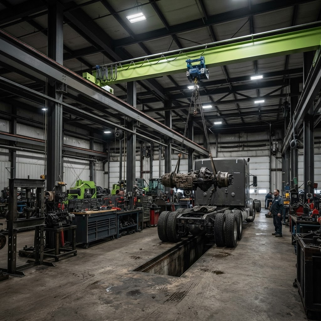 Heavy-duty mobile column lift set raising a commercial truck inside a service facility.