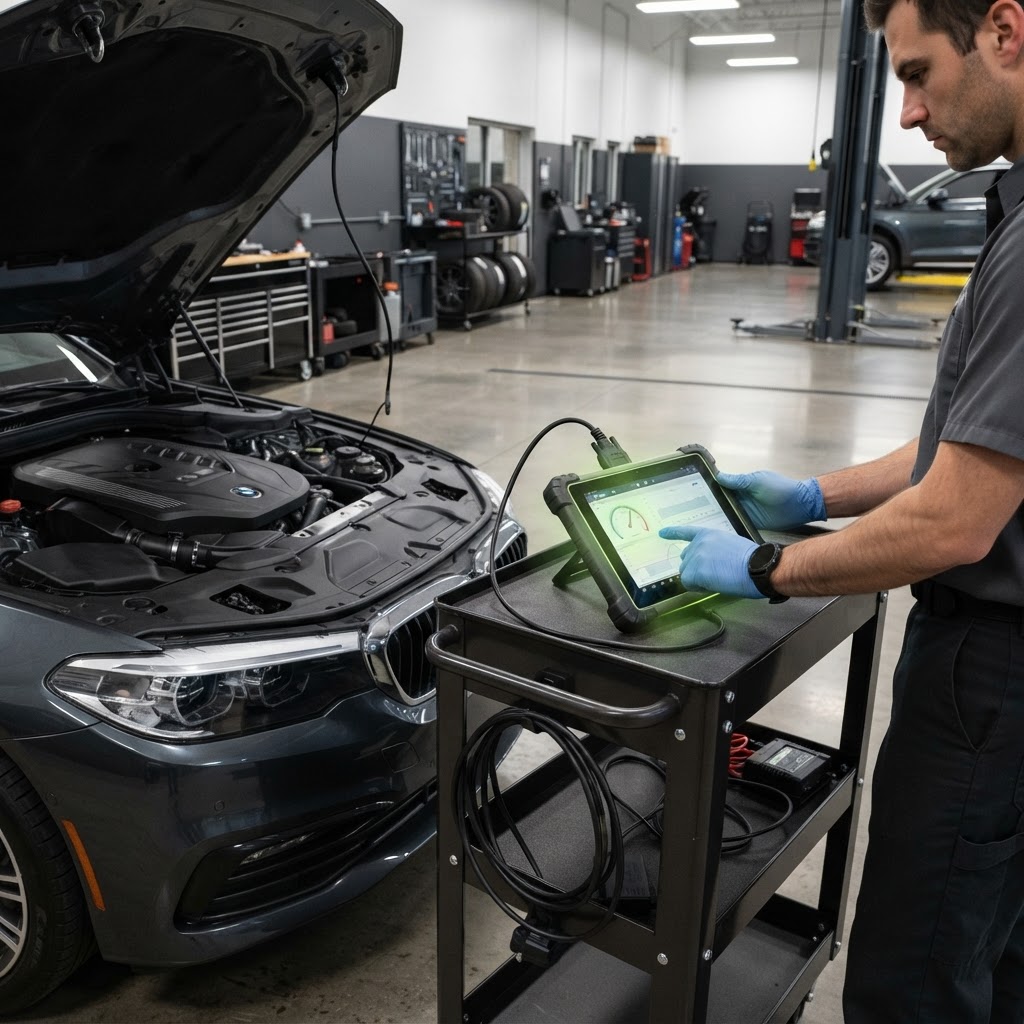 Technician using a diagnostic scan tool at a service bay workstation.
