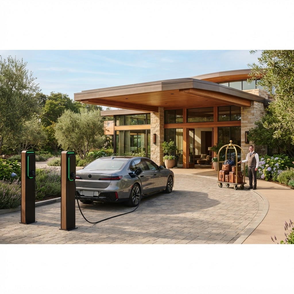 Welcoming hotel entrance driveway with two elegant unbranded charging pedestals and a plain grey electric sedan plugged in charging.