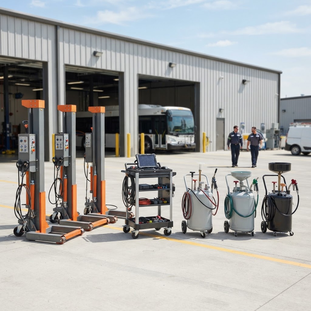 Used bus service equipment lineup — lifts, diagnostic units and service systems — in a clean professional facility.