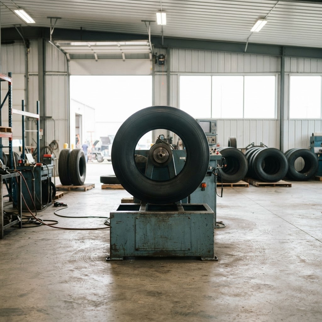 Truck tire mounted in profile on the central horizontal spindle of a simple retread buffing machine at rest on a wide bright retread shop floor.