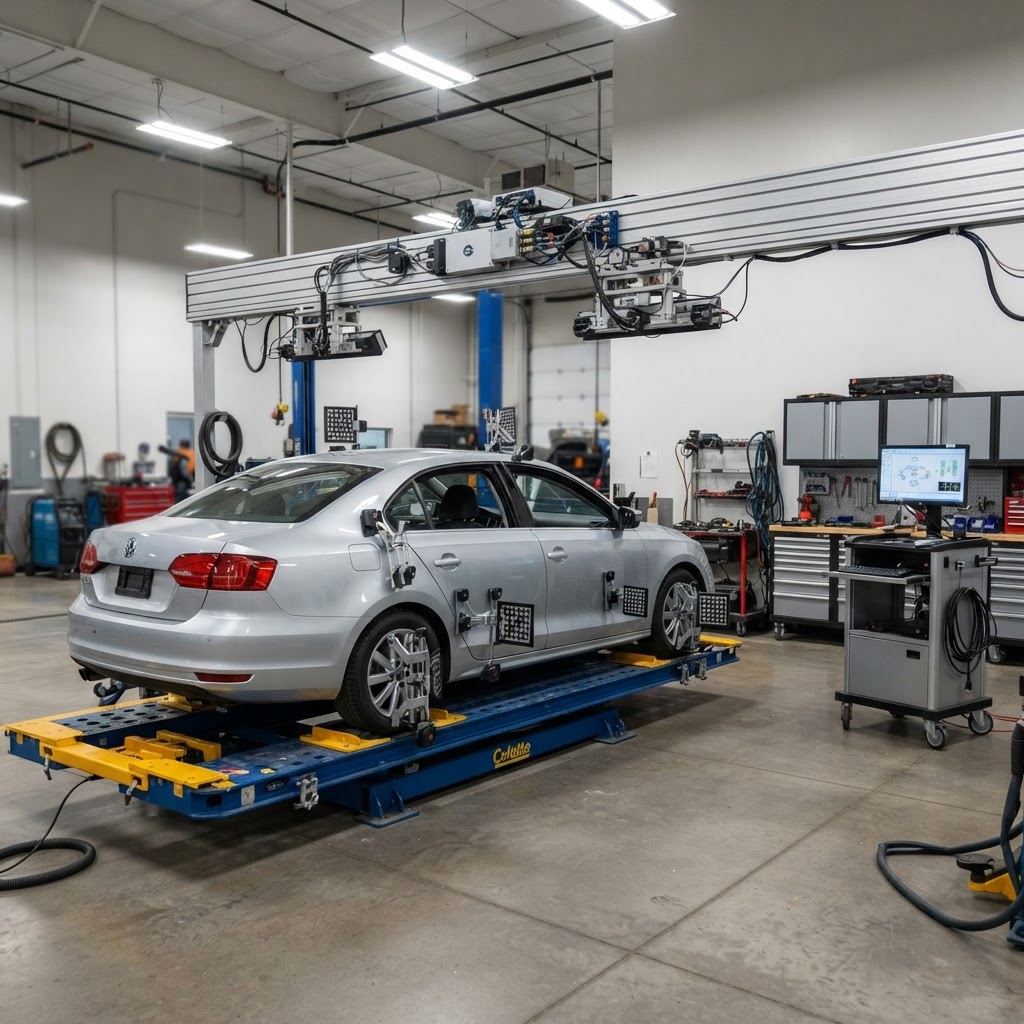Electronic vehicle measuring system with targets mounted on a sedan on a repair bench in a collision shop.
