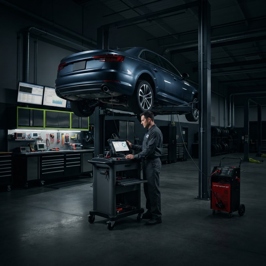 Technician operating a professional diagnostic scan platform on a rolling cart beside a vehicle on a lift, with battery support equipment nearby in a modern repair bay.