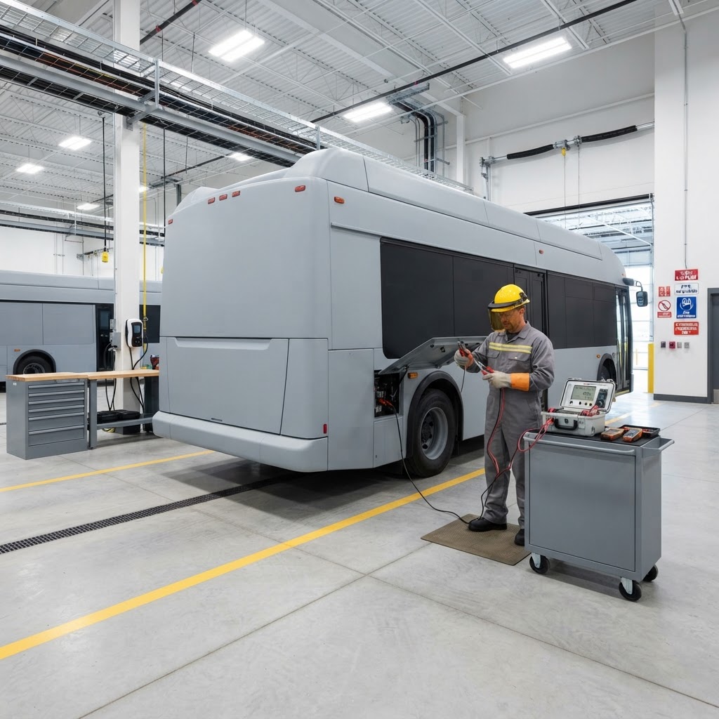 Technician in arc-flash-rated high-voltage PPE with insulated tools and an insulation resistance tester beside an electric transit bus in a bright depot bay.