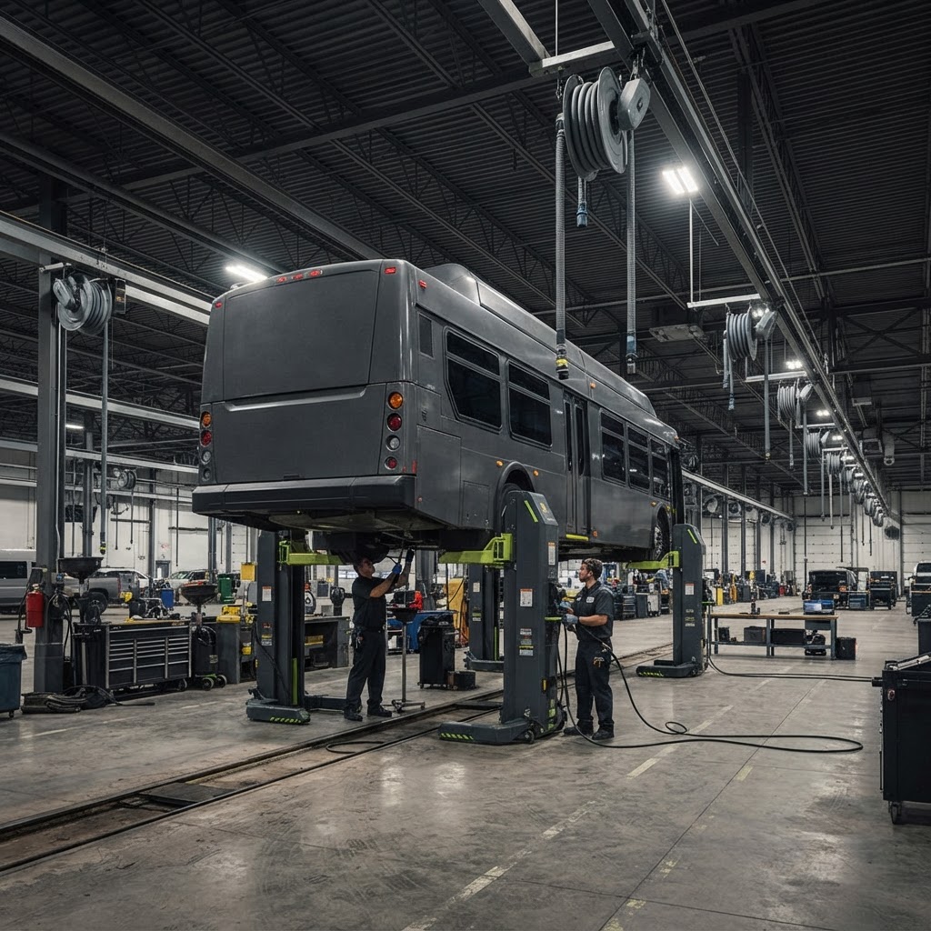 Bus maintenance facility with transit vehicle on mobile column lifts and heavy-duty service equipment.