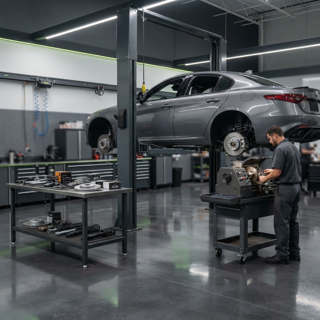 Brake and suspension service bay with brake lathe and vehicle on a lift.
