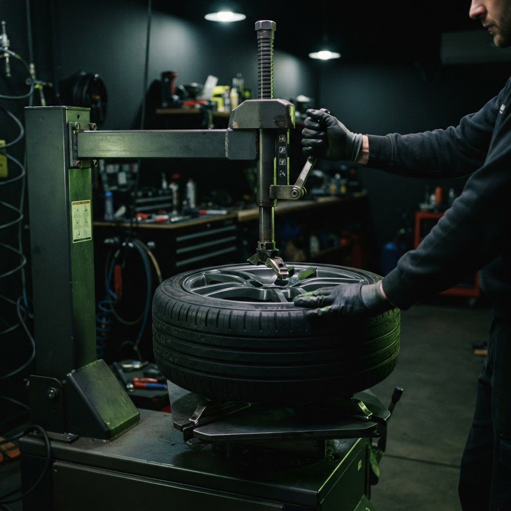 Professional tire changer with an alloy wheel mounted on the turntable and a technician operating the machine in a modern service bay.