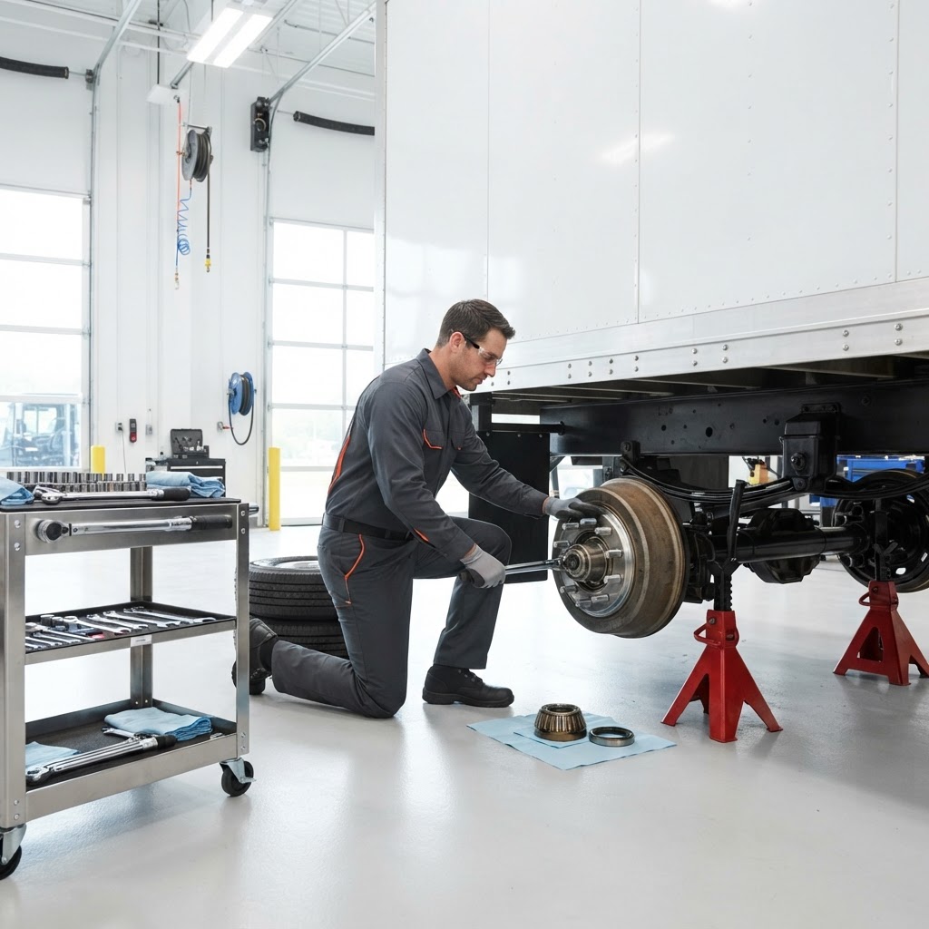 Trailer hub assembly and wheel bearings on a workbench beside a trailer axle raised on support stands.