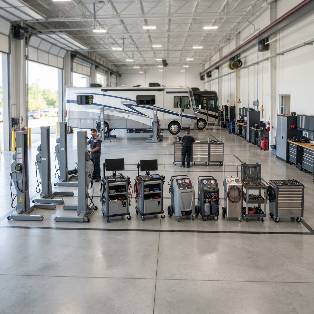 Used RV service equipment lineup — test carts, HVAC machines and inspection instruments — in a clean professional facility.