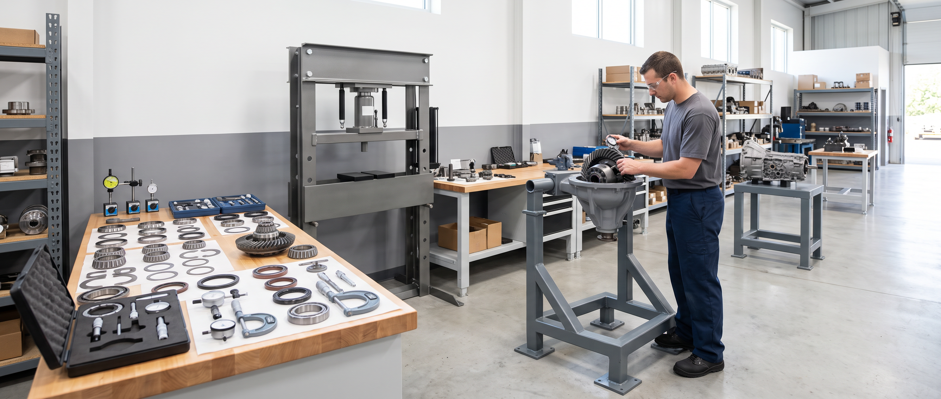 Differential rebuilding work area with a grey differential housing mounted on a sturdy rebuilding stand, a heavy shop press at rest behind it and bearing components laid out on the workbench.