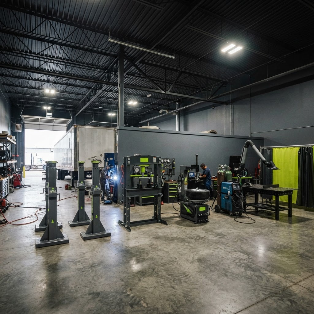 Used trailer service equipment lineup — jack stands, welding machine and tire equipment — in a professional shop yard.