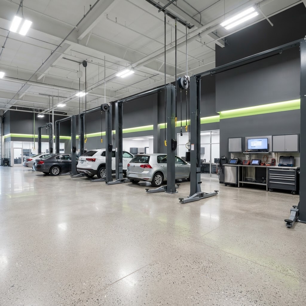 Modern newly equipped automotive repair facility with multiple service bays and vehicle lifts.