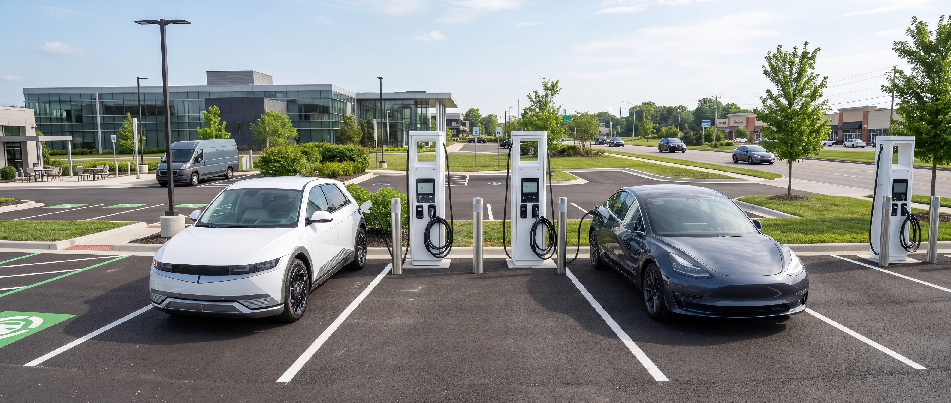 Wide daylight view of a commercial DC fast-charging site with three white unbranded fast-charging pedestals, a plain white electric hatchback and a plain dark sedan fast-charging in marked stalls.