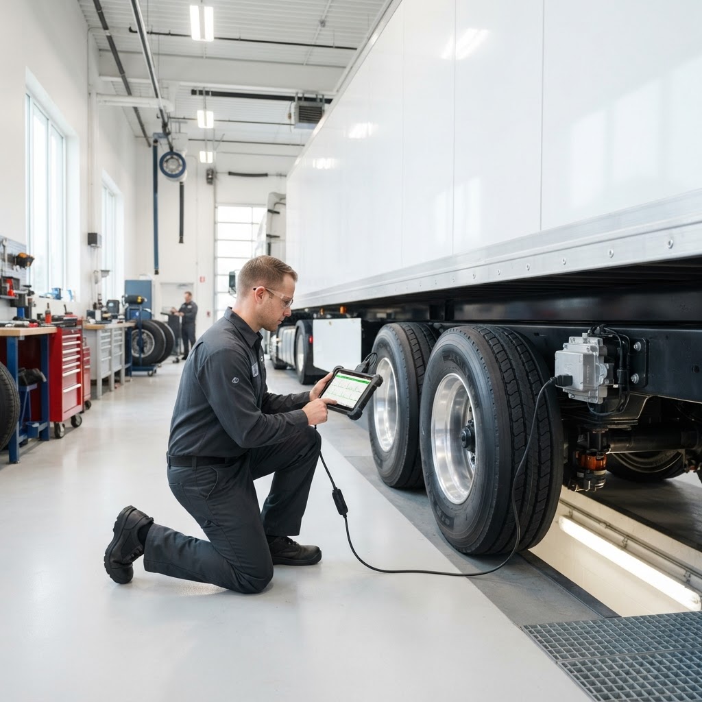 Technician connecting diagnostic equipment to a semi-trailer ABS electronic control unit in a professional repair bay.