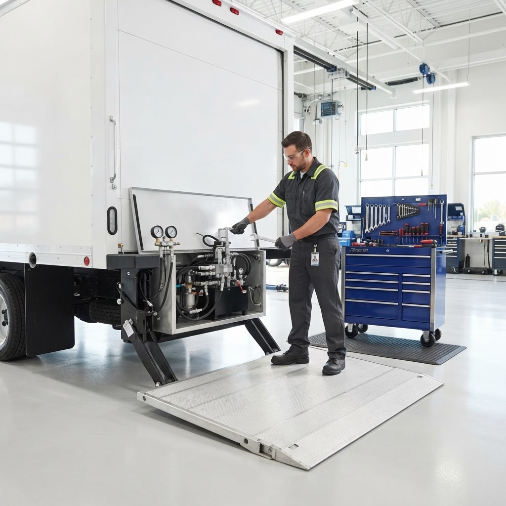 Technician servicing the hydraulic power unit of a commercial trailer liftgate with gauges and test equipment.