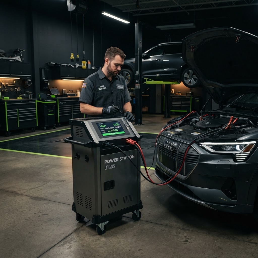 Professional battery support power supply unit connected to a vehicle while a technician checks the panel in a modern repair bay.