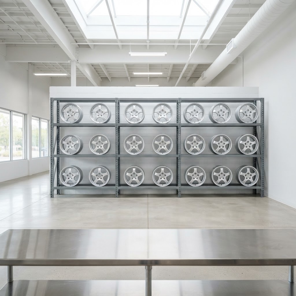 Bright modern wheel repair shop with perfectly circular symmetrical alloy wheels displayed on straight steel wall racks and a clean workbench in the foreground.