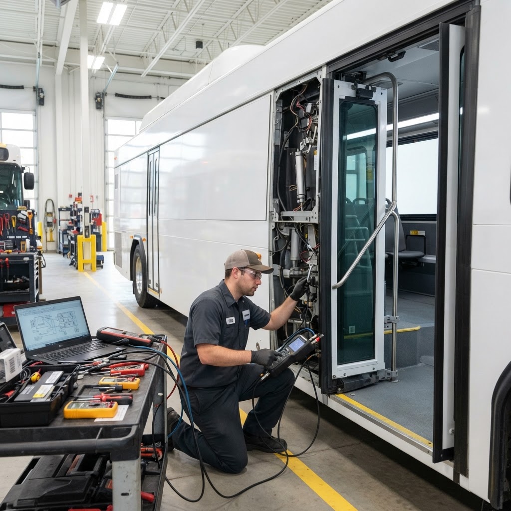 Technician servicing the folding entry doors of a transit bus with professional pneumatic and electrical door test equipment.