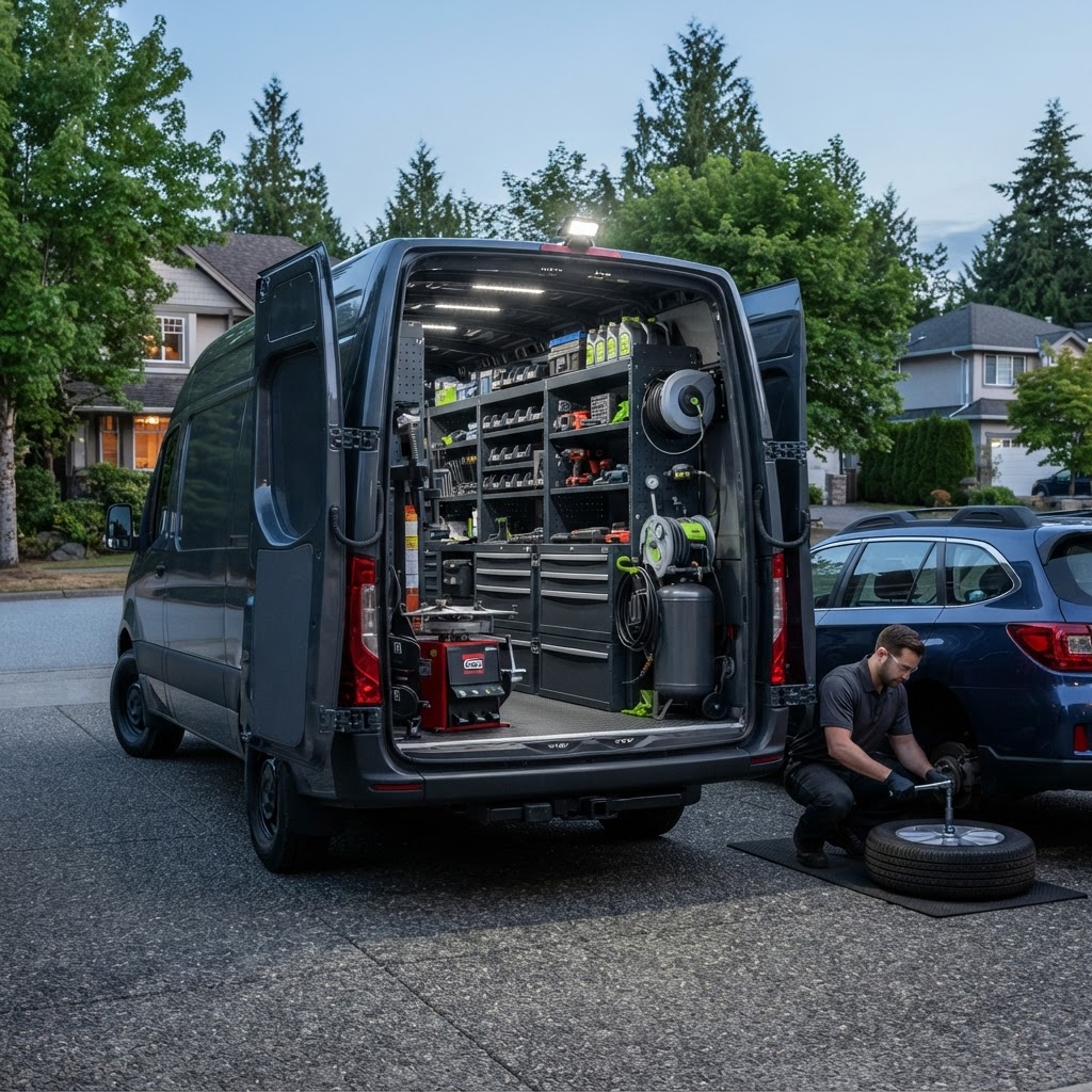 Purpose-built mobile automotive service van equipped for tire, oil-change and light mechanical service.