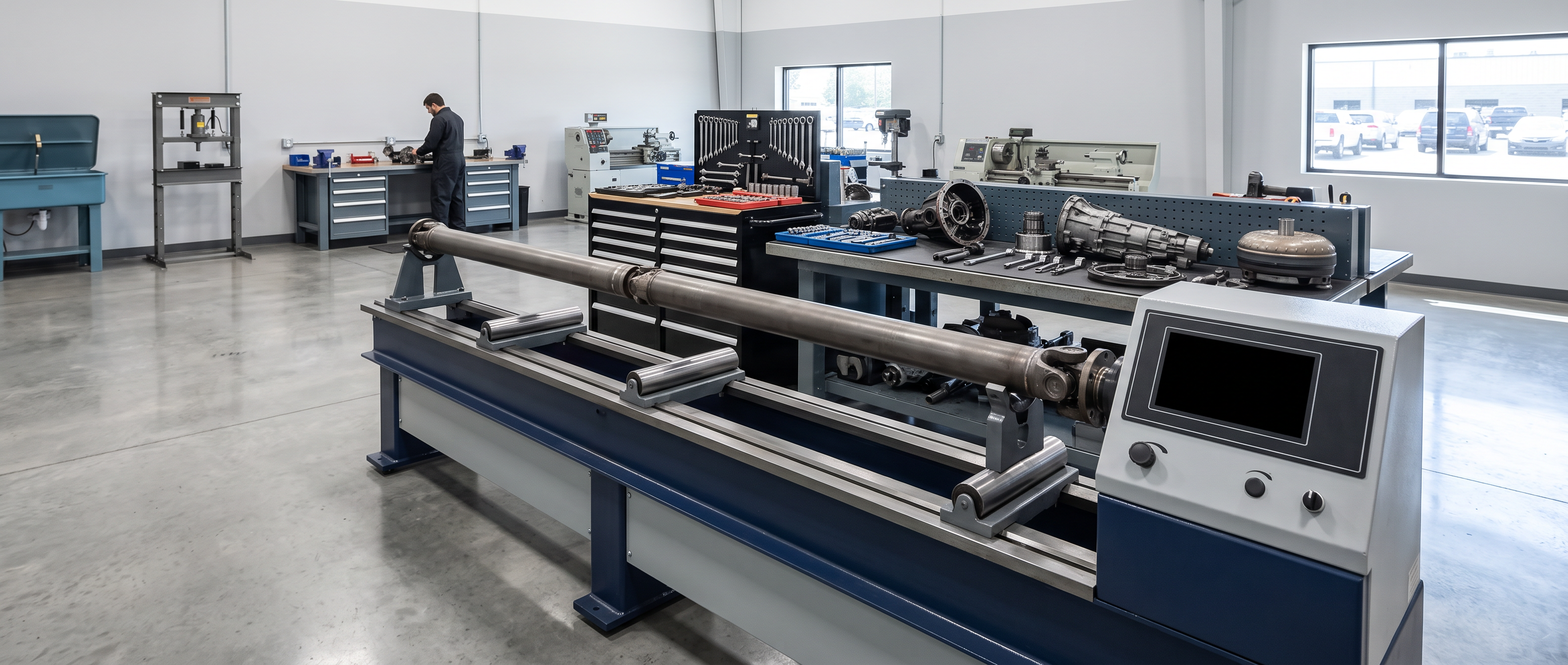 Driveshaft balancing machine at rest in a bright driveline shop, a long steel driveshaft resting level on the horizontal support rollers of the low machine.
