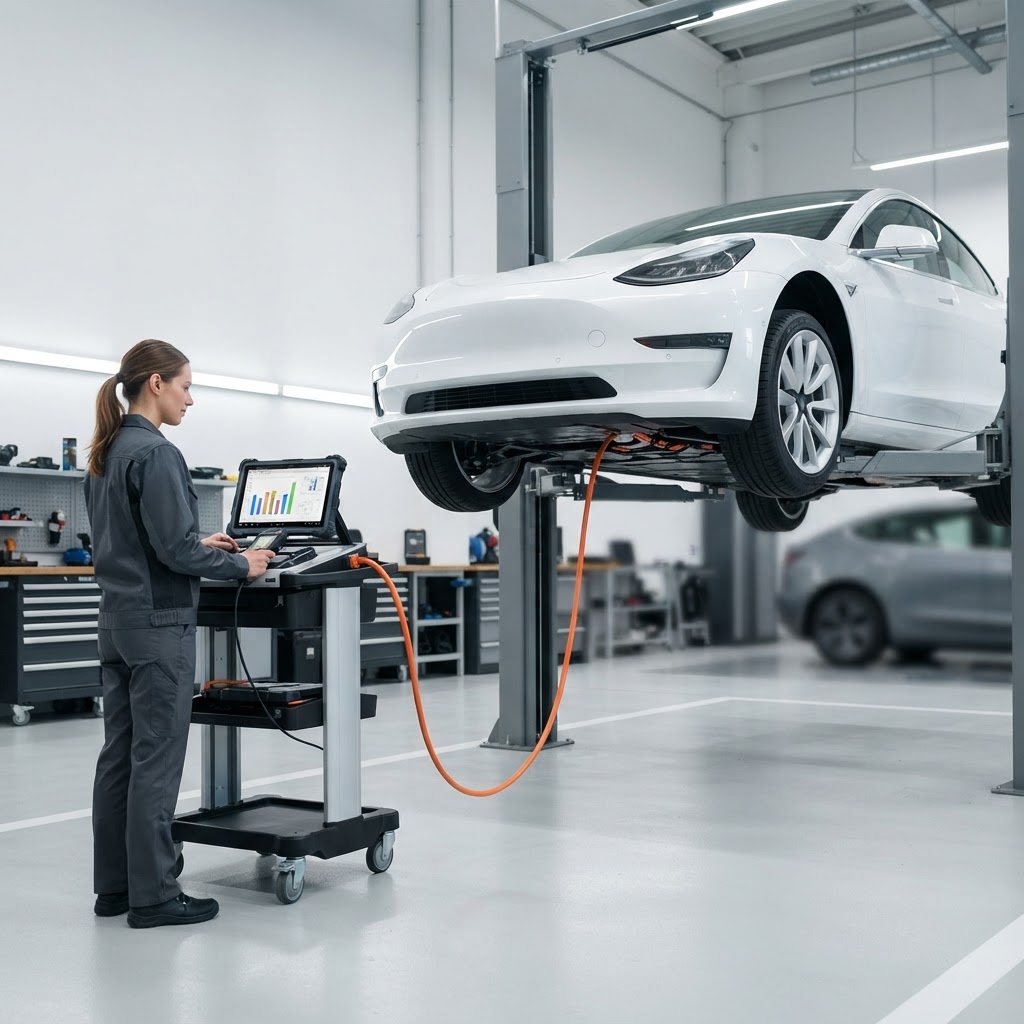 Technician operating a professional EV battery diagnostic platform connected to the enclosed underfloor battery pack of a plain electric car in a bright service bay.