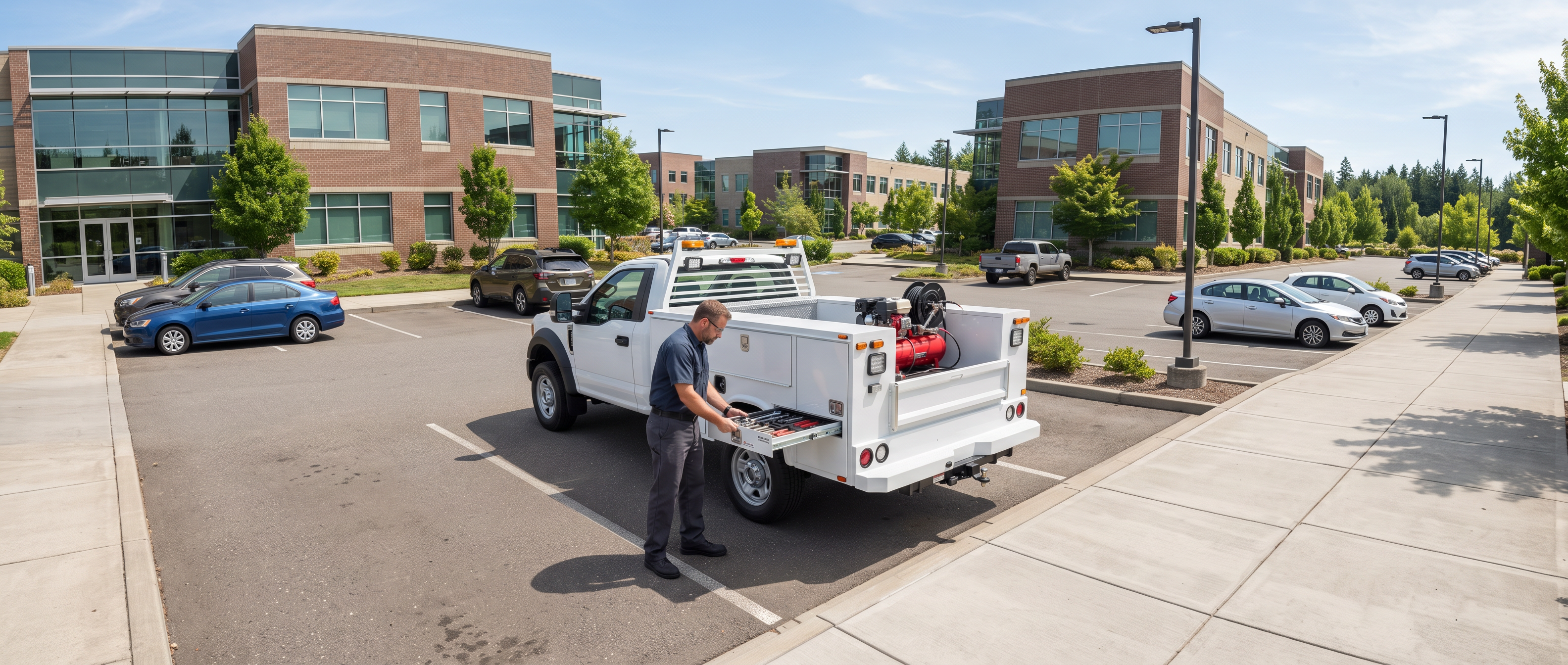 Clean outfitted roadside service truck with organized compartment drawers, air compressor and work lighting visible with the compartment doors open, in a bright commercial area.