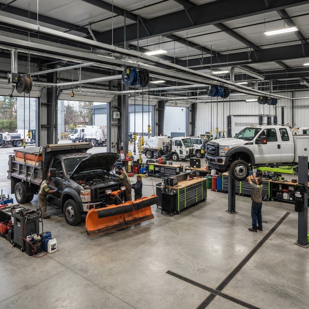 Municipal fleet maintenance garage servicing a snowplow truck and light-duty fleet vehicles.