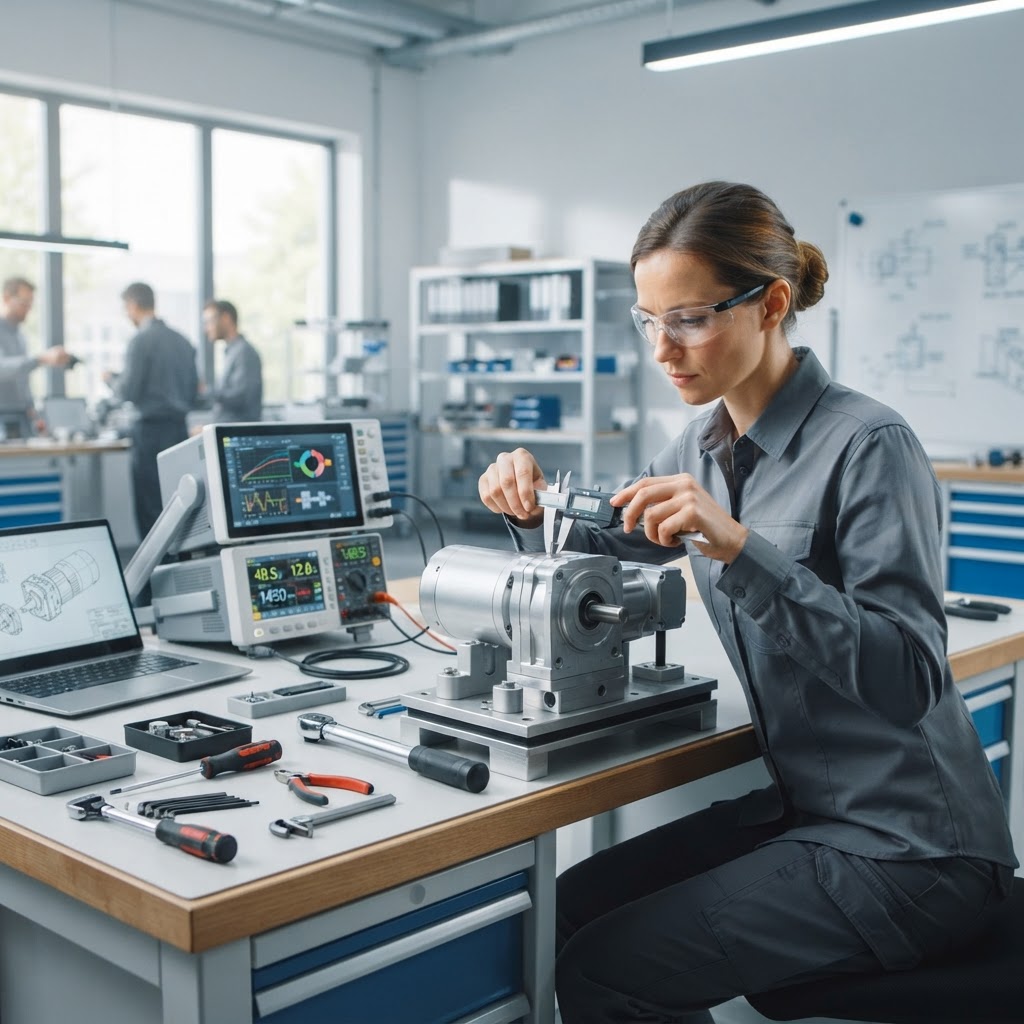 Technician inspecting a compact electric drive unit on a clean workbench with professional measurement instruments in a bright workshop.