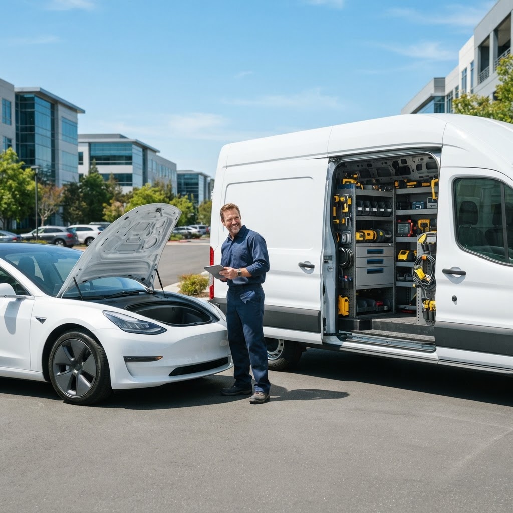 Mobile technician with a tablet performing a service call beside a completely blank white service van and a plain white vehicle in a bright outdoor setting.