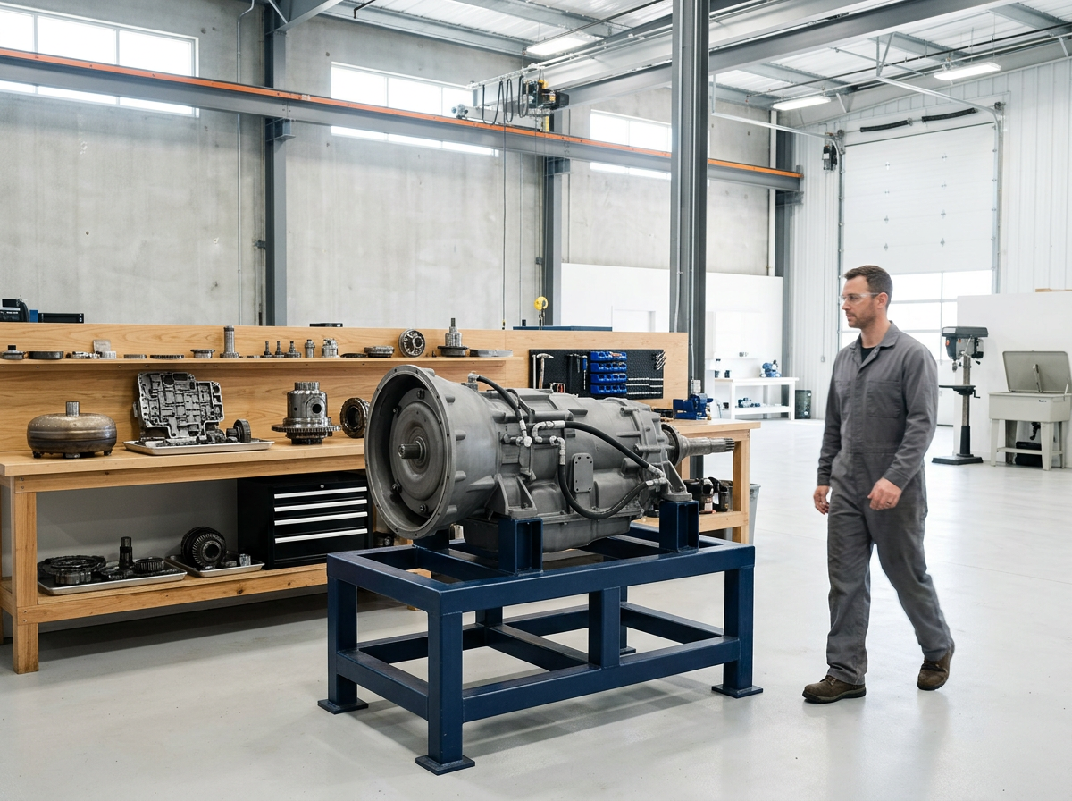 Very large plain commercial truck transmission sitting solidly on a heavy steel stand in a spacious bright heavy-duty rebuilding bay.