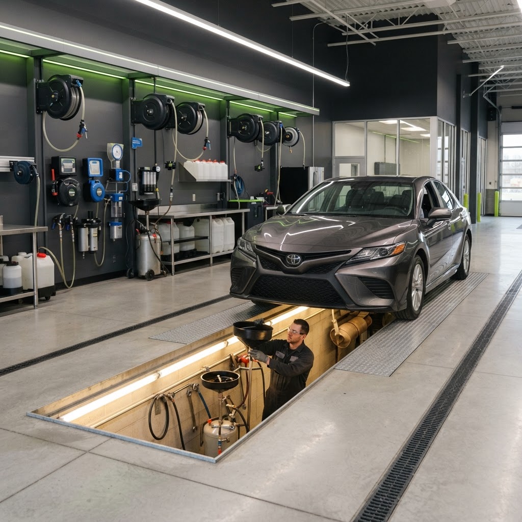 Quick-lube service bay with lubrication pit and professional fluid handling equipment.