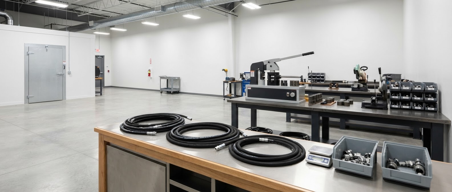 Bright hydraulic hose fabrication shop with coiled hose stock on the service counter and static equipment at rest in the background.