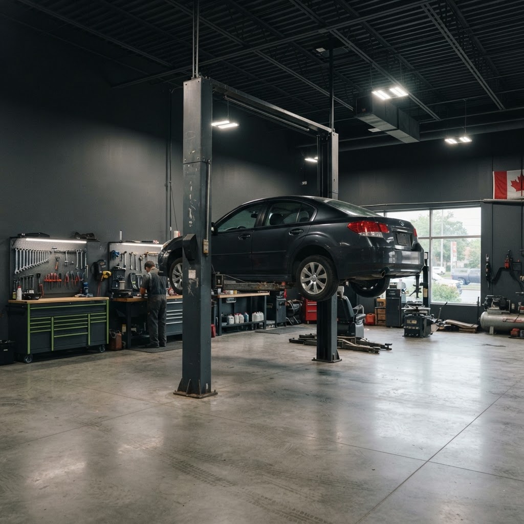 Used two-post vehicle lift in daily professional service Well-maintained previously-owned two-post vehicle lift raising a sedan inside a professional automotive repair shop.