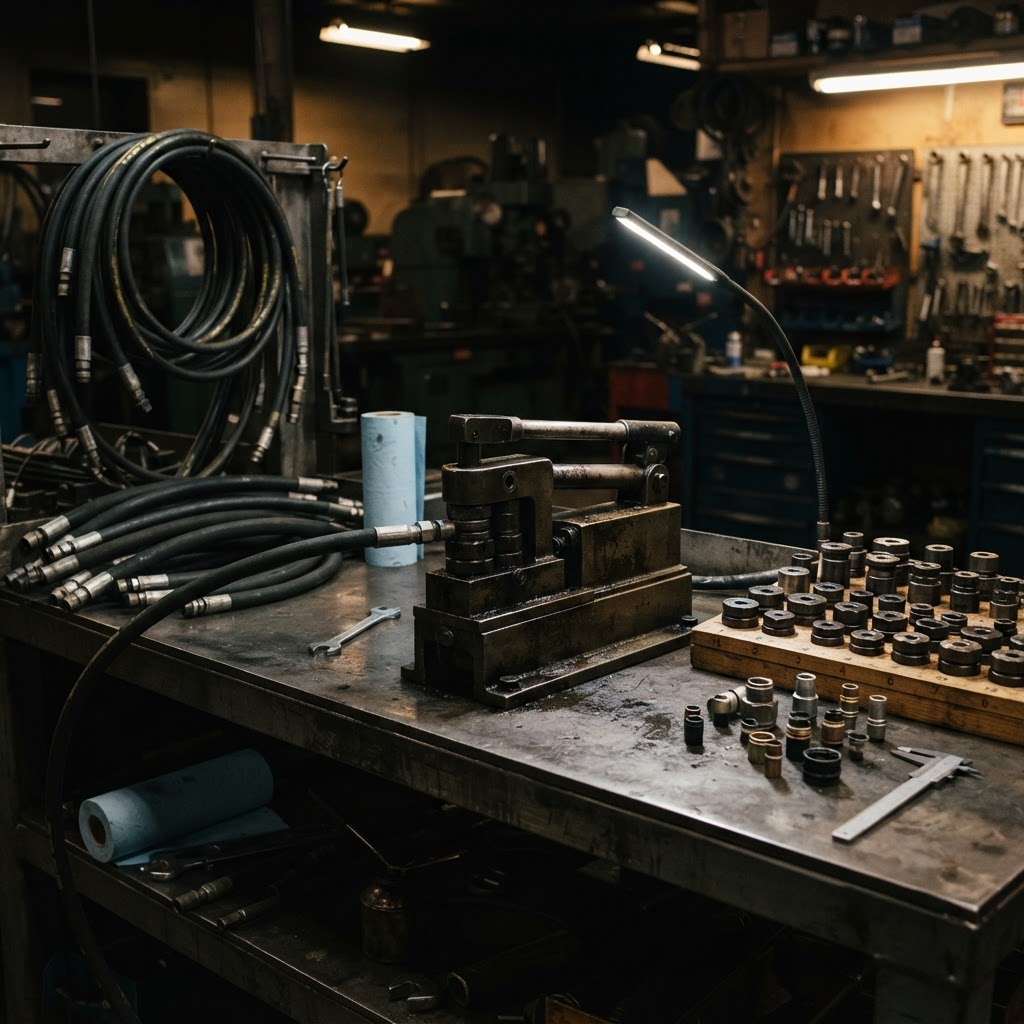 Hydraulic hose crimping machine with organized hoses and crimping dies on a professional service bench.