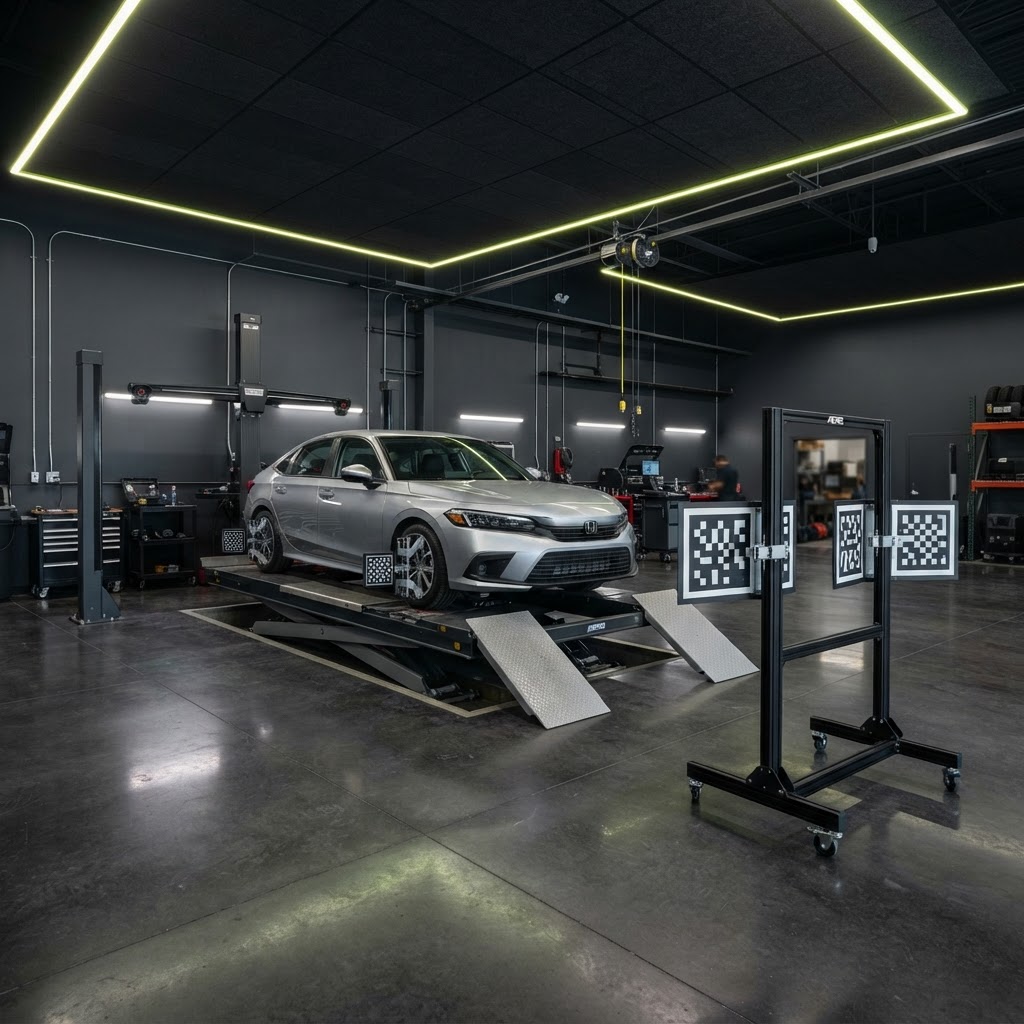 Professional service bay with a sedan on a four-post alignment lift, camera alignment towers, and a portable ADAS calibration frame with patterned target boards beside the vehicle.