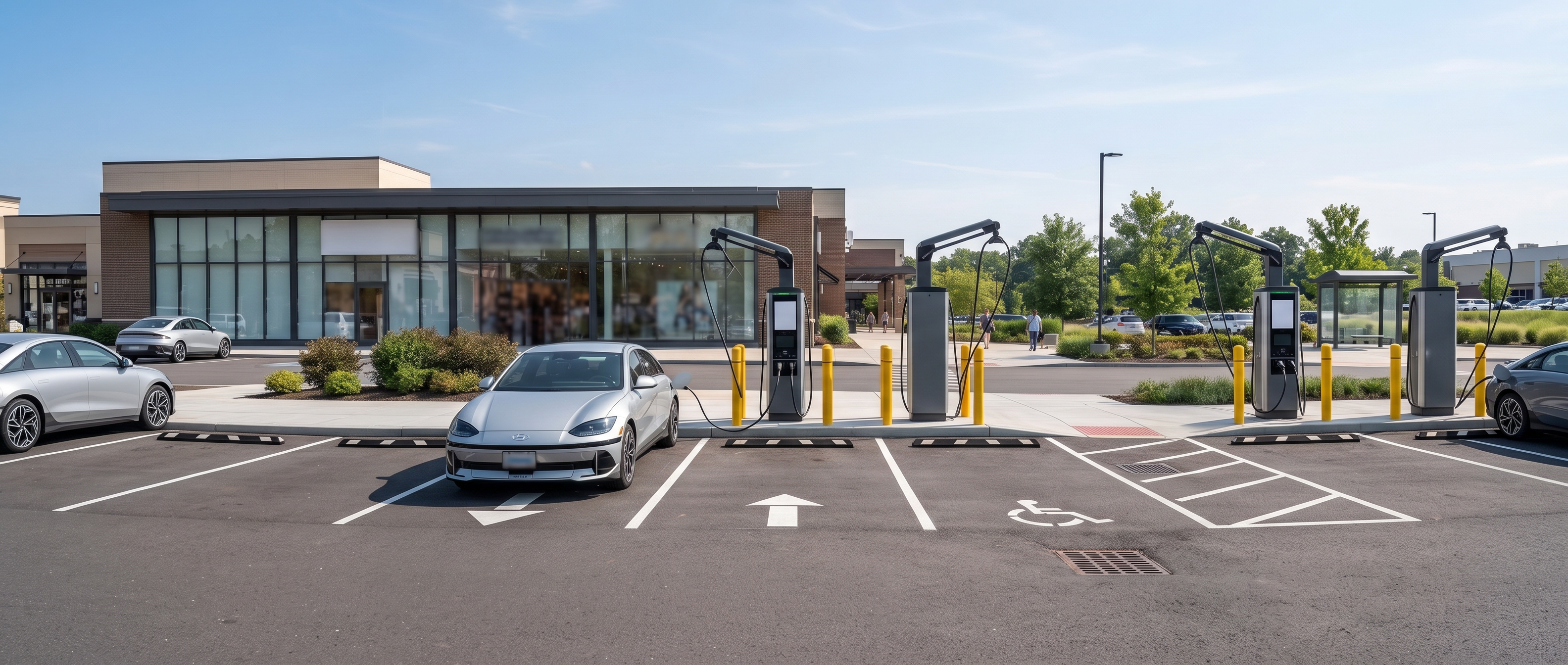 Wide daylight view of a fresh retail parking area with three unbranded charging pedestals on concrete islands, black charging cables extending from their sides, yellow protective bollards at each stall, a plain silver electric car plugged in.