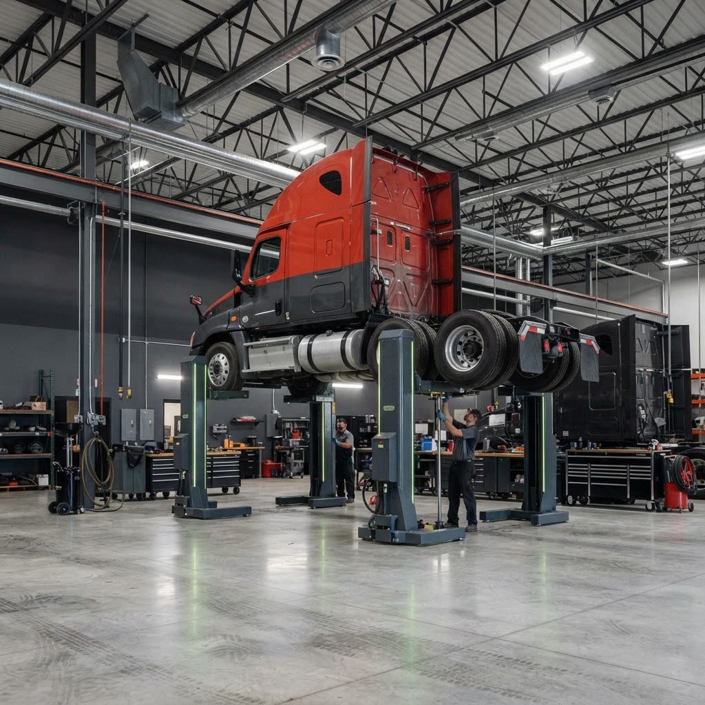 Commercial transport truck raised on mobile column lifts in a heavy-duty shop.